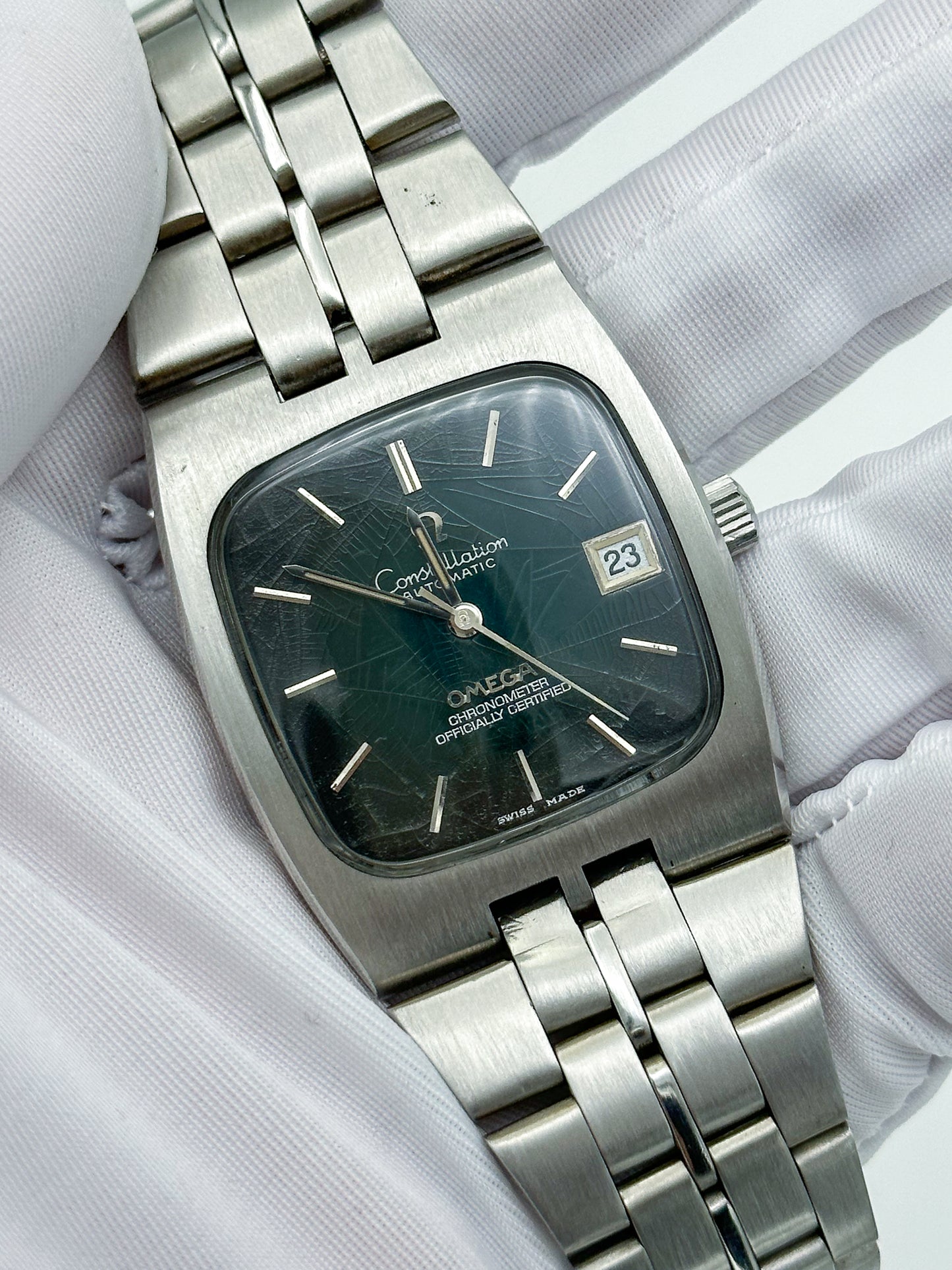 OMEGA CONSTELLATION AUTOMATIC CHRONOMETER DATE SPIDER'S WEB DARK GREEN DIAL REF. 168.059