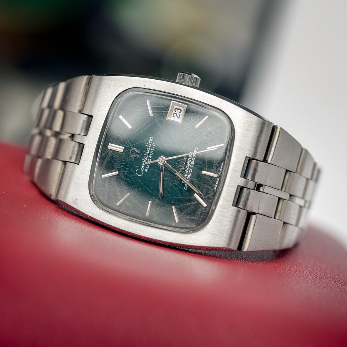 OMEGA CONSTELLATION AUTOMATIC CHRONOMETER DATE SPIDER'S WEB DARK GREEN DIAL REF. 168.059