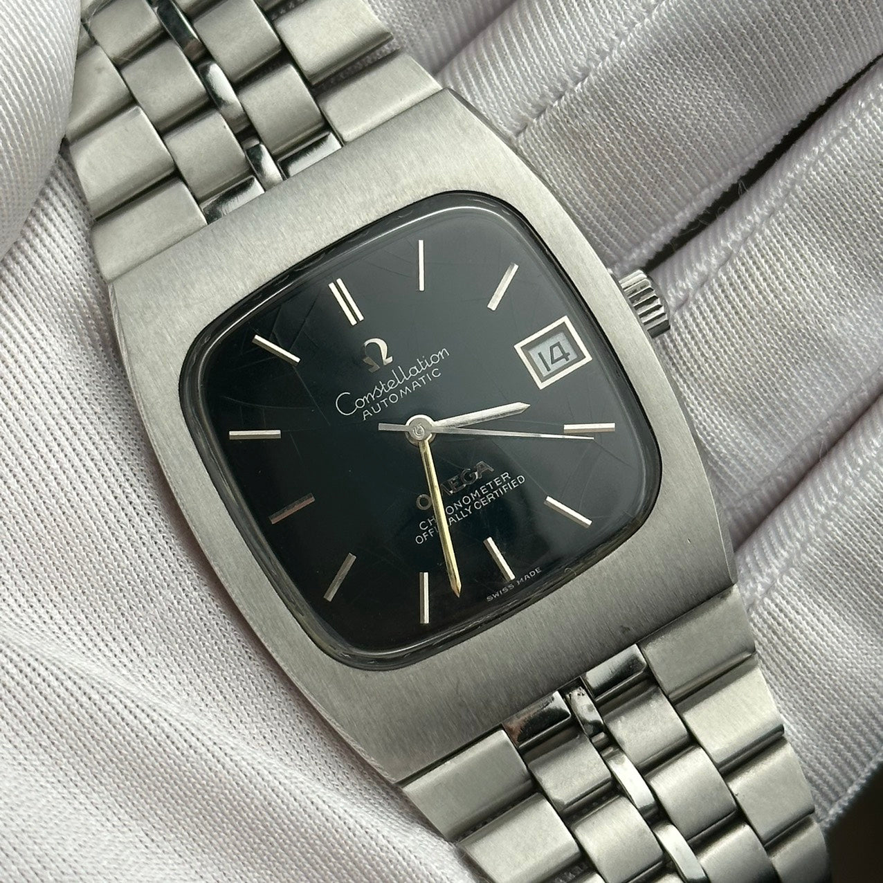 OMEGA CONSTELLATION AUTOMATIC CHRONOMETER DATE SPIDERWEB DARK GREEN DIAL REF. 168.047