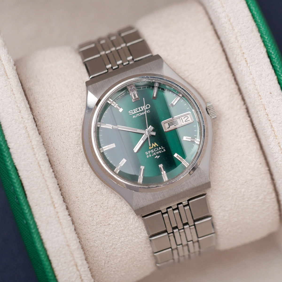 SEIKO LM SPECIAL DAY-DATE AUTOMATIC FACETED CRYSTAL GREEN DIAL REF 